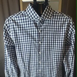 Proper Cloth Mens Navy Blue White Gingham Check Long Sleeve Button Down Shirt